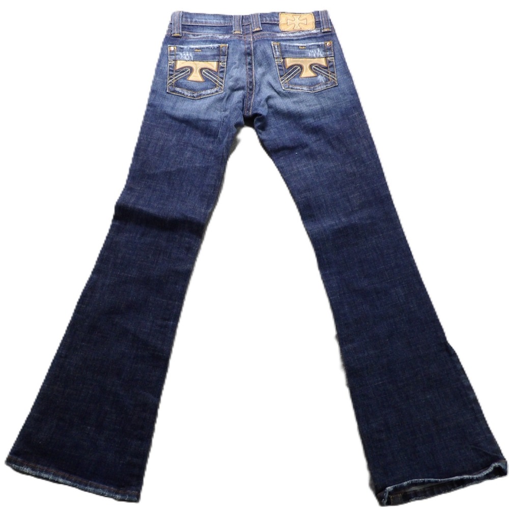 VTG Y2K Plastic By 7 Women Jeans 7 Blue Distressed Bootcut Cotton Embroidery USA
